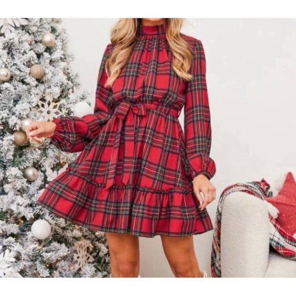 NWT Cupshe Dress Womens Sz XS Holiday Frill Tartan Plaid Red Long Slv Knee Xmas - Picture 1 of 7